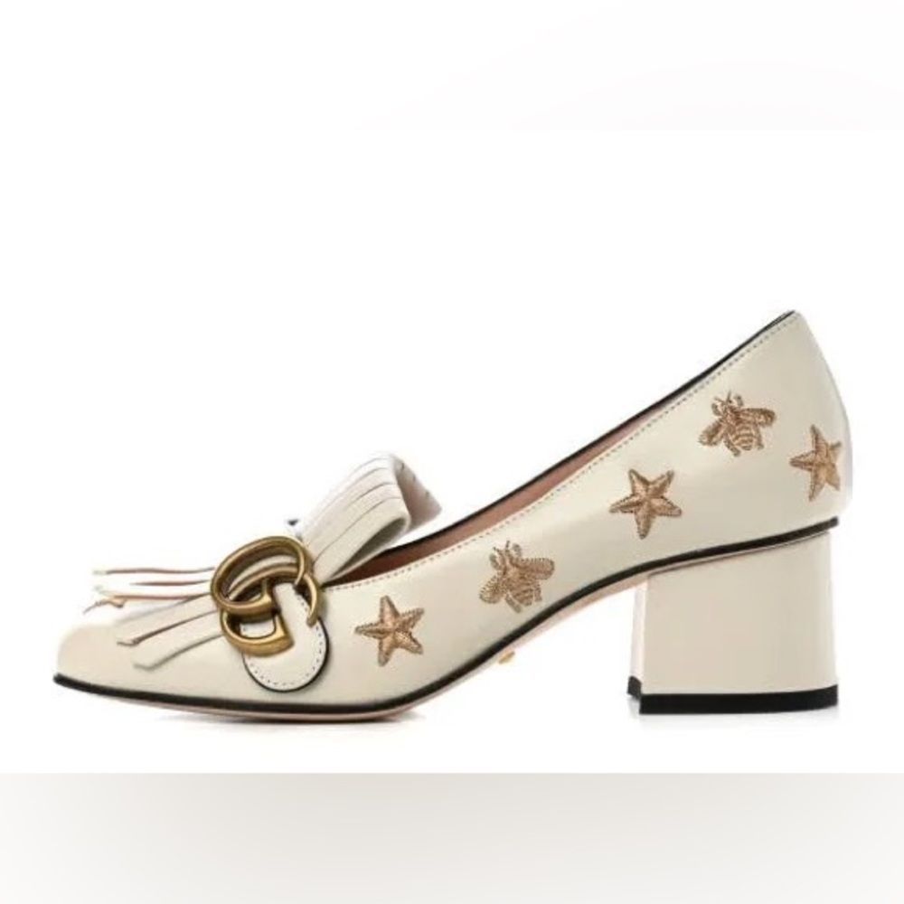 Gucci Cream Loafers with Gold Embroidery
